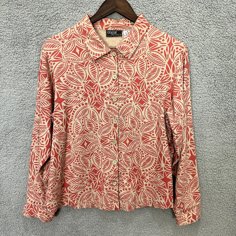 Onque Casuals Button Shirt‎ Women M Red Leaf Print Top Boho Resort Coastal Chic